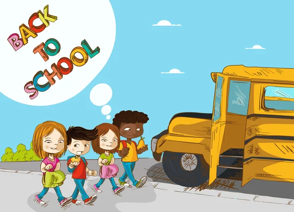 De volta à educação escolar crianças caminhando para o ônibus escolar . — Vetor de Stock