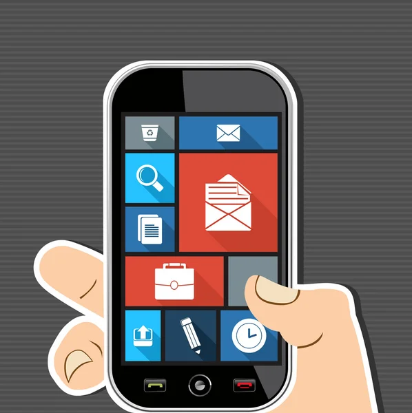 Menselijke hand mobiel kleurrijke kantoor ui apps plat pictogrammen. — Stockvector