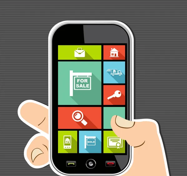 人間の手モバイル カラフルな不動産 ui アプリケーション フラット アイコン. — ストックベクタ