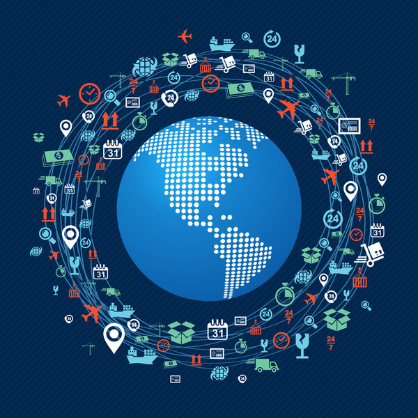 Карта мира America continet colorful shipping network icons compo
