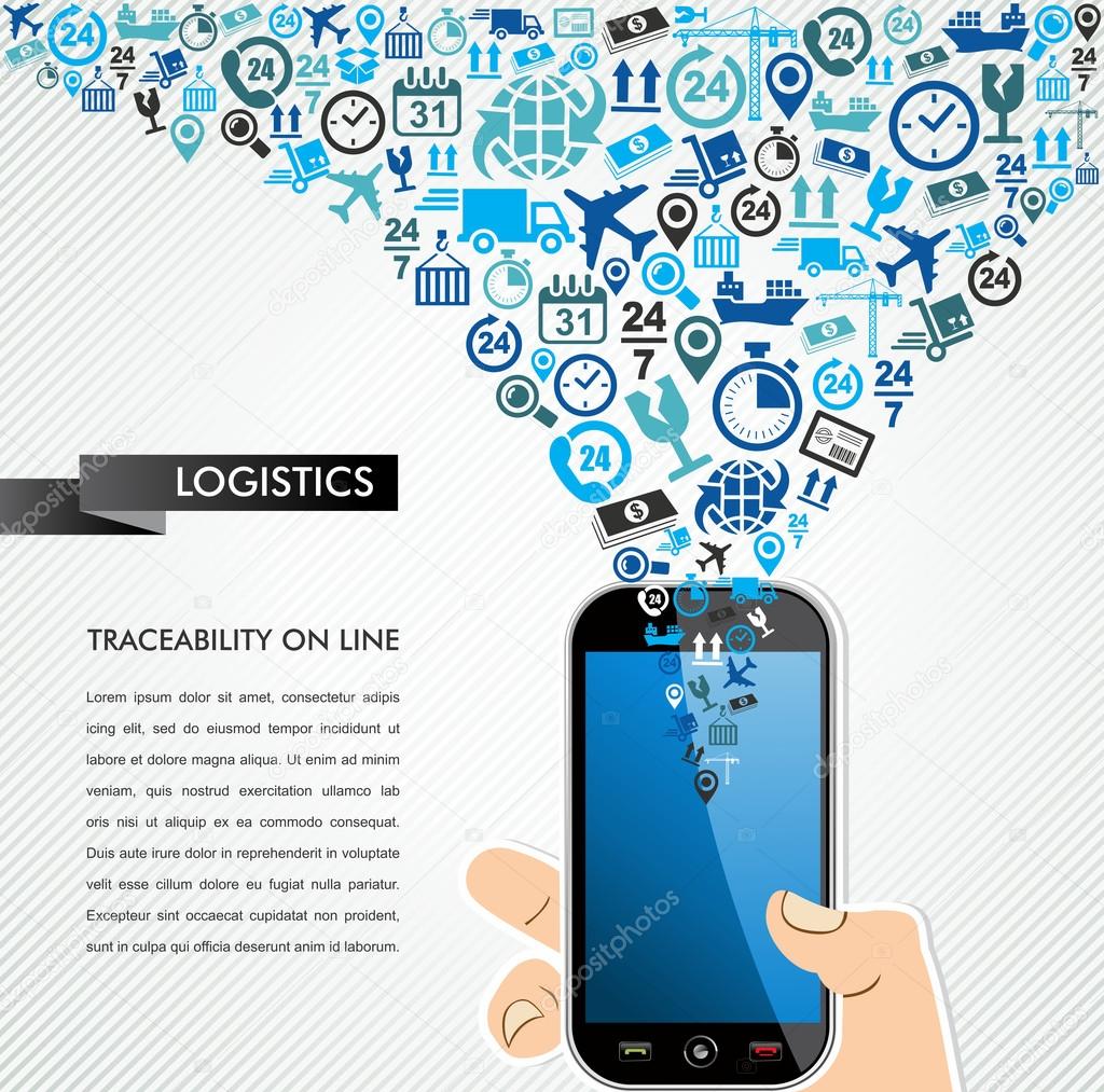 Shipping logistics mobile human hand icons splash.