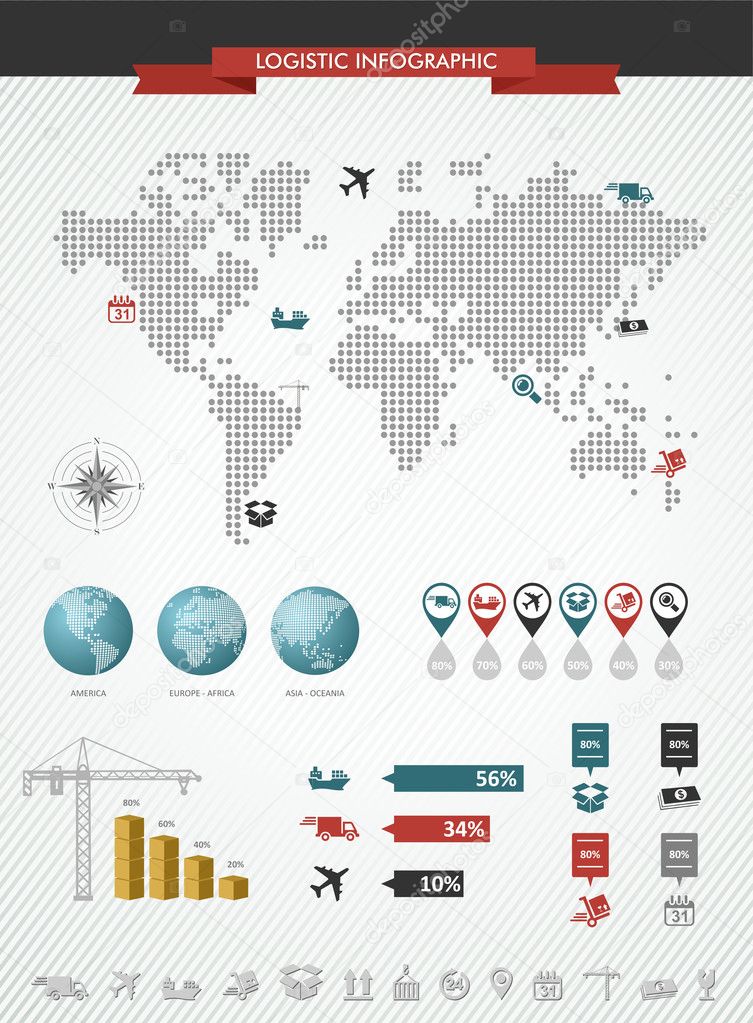 Shipping logistic infographic world map icons set illustration.