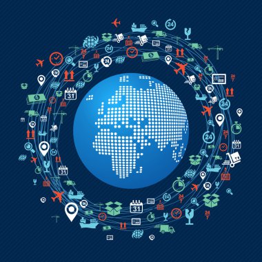 Dünya Haritası renkli nakliye ağ simgeler oluşturma.