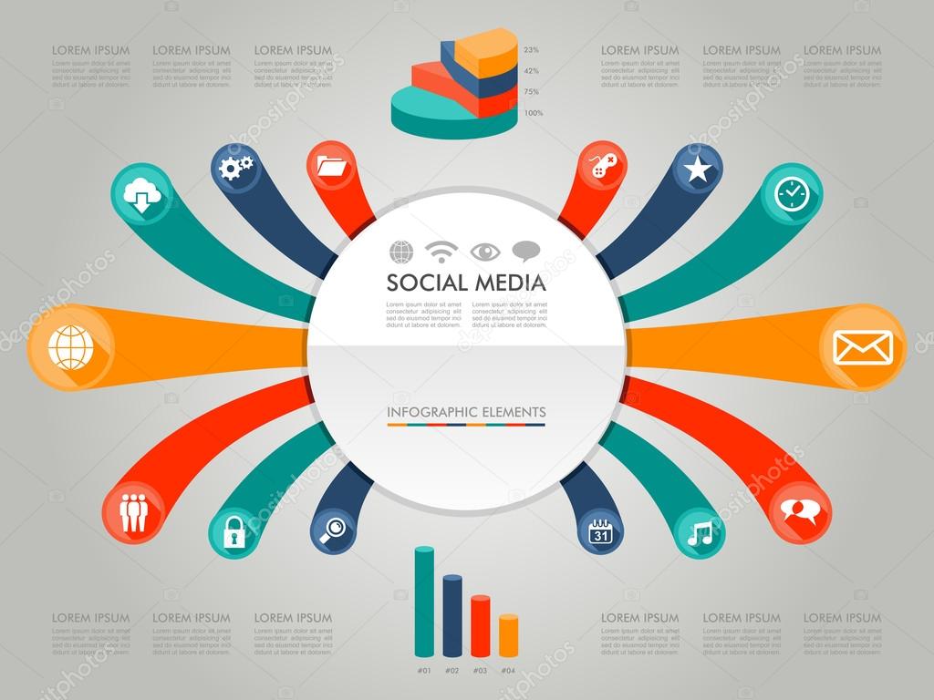 Colorful Infographic diagram social media icons illustration.