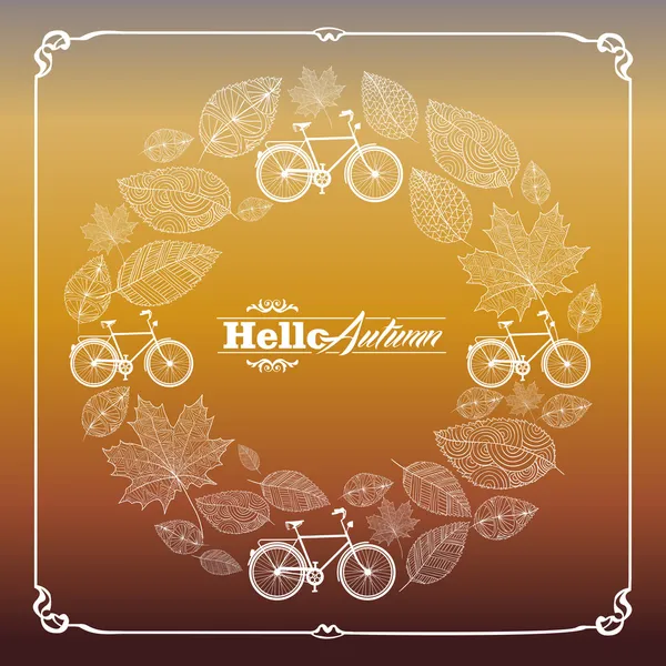 Vintage hello autumn text leaves and bikes background EPS10 file — Stock Vector
