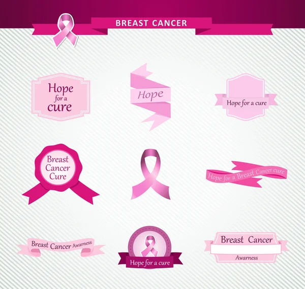 Breast cancer awareness ribbon and labels set EPS10 file. — Stock Vector