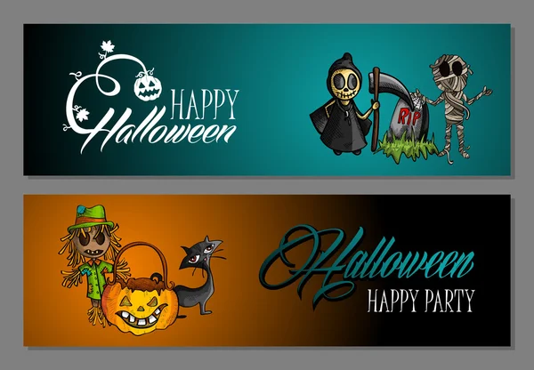 Halloween monsters happy party web banners set EPS10 file. — Stock Vector