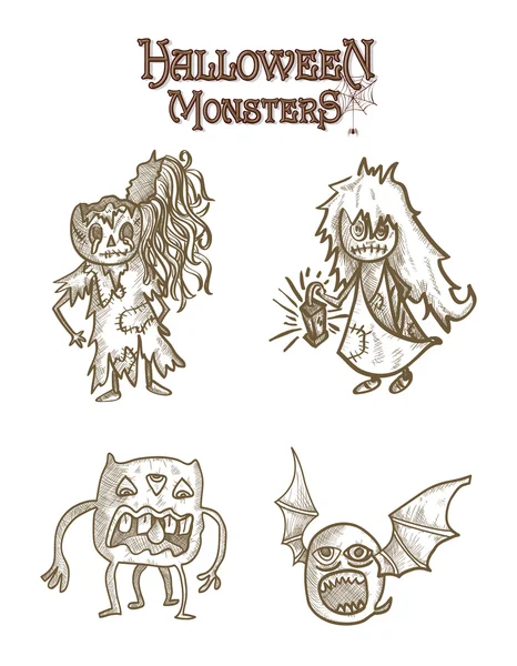 Halloween monsters scary sketch style cartoons set EPS10 file. — Stock Vector