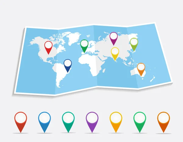 Mapa do mundo com pinos de posição geo arquivo vetorial EPS10 . — Vetor de Stock