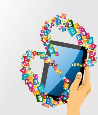 insan eli ile tablet pc Sosyal Medya simgeler.
