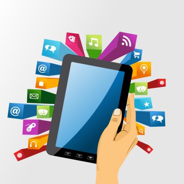 tablet pc app simgeleri ile insan elini tutar.
