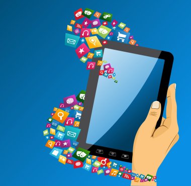 insan eli ile tablet pc Sosyal Medya simgeler.