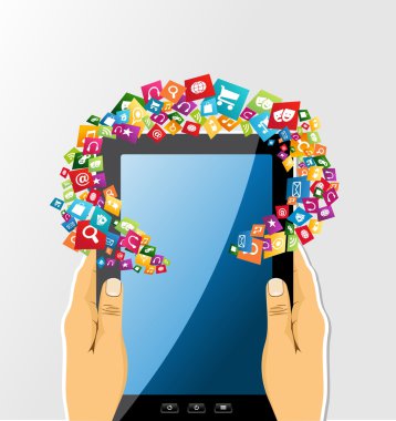 insan elinden tutan tablet pc app simgeleri.