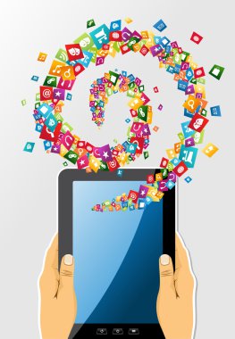 insan elinden tutan tablet pc app simgeleri.