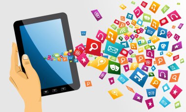 tablet pc app simgeleri ile insan elini tutar.