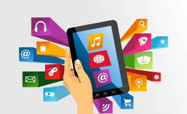 tablet pc app simgeleri ile insan elini tutar.