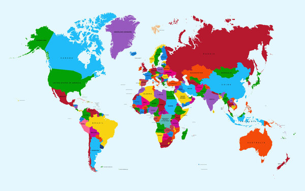 World map, colorful countries atlas EPS10 vector file.