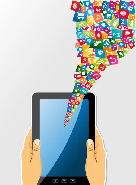 Mani umane tiene tablet pc con icone app . — Vettoriale Stock