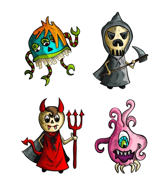 Halloween monsters izole kroki tarzı yaratıklar set. — Stok Vektör