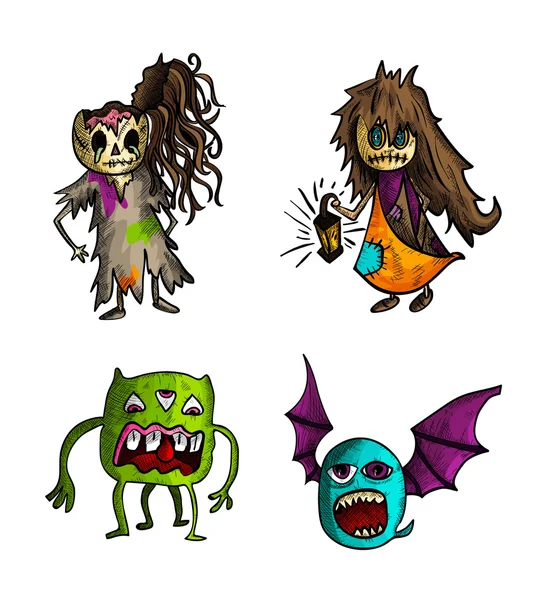 Halloween monsters isolated sketch style creatures set. — Stock Vector