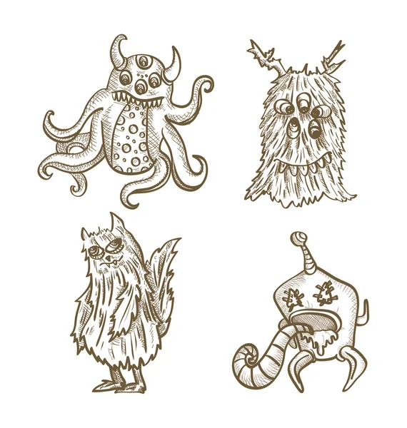 Halloween monsters isolated sketch style creatures set. — Stock Vector