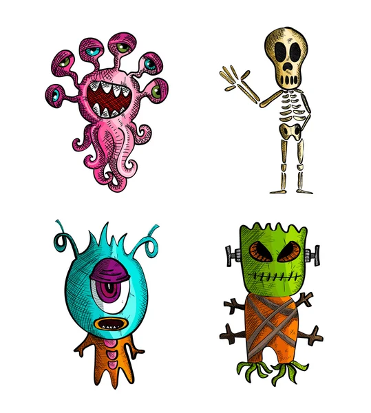 Halloween monsters geïsoleerd schets-stijlenset wezens. — Stockvector