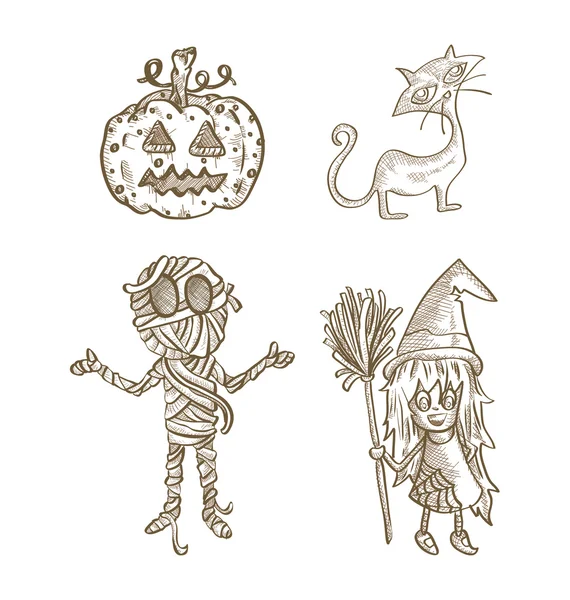 Halloween classics isolated sketch style creatures set. — Stock Vector