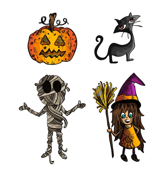 Halloween monsters isolated sketch style creatures set. — Stock Vector