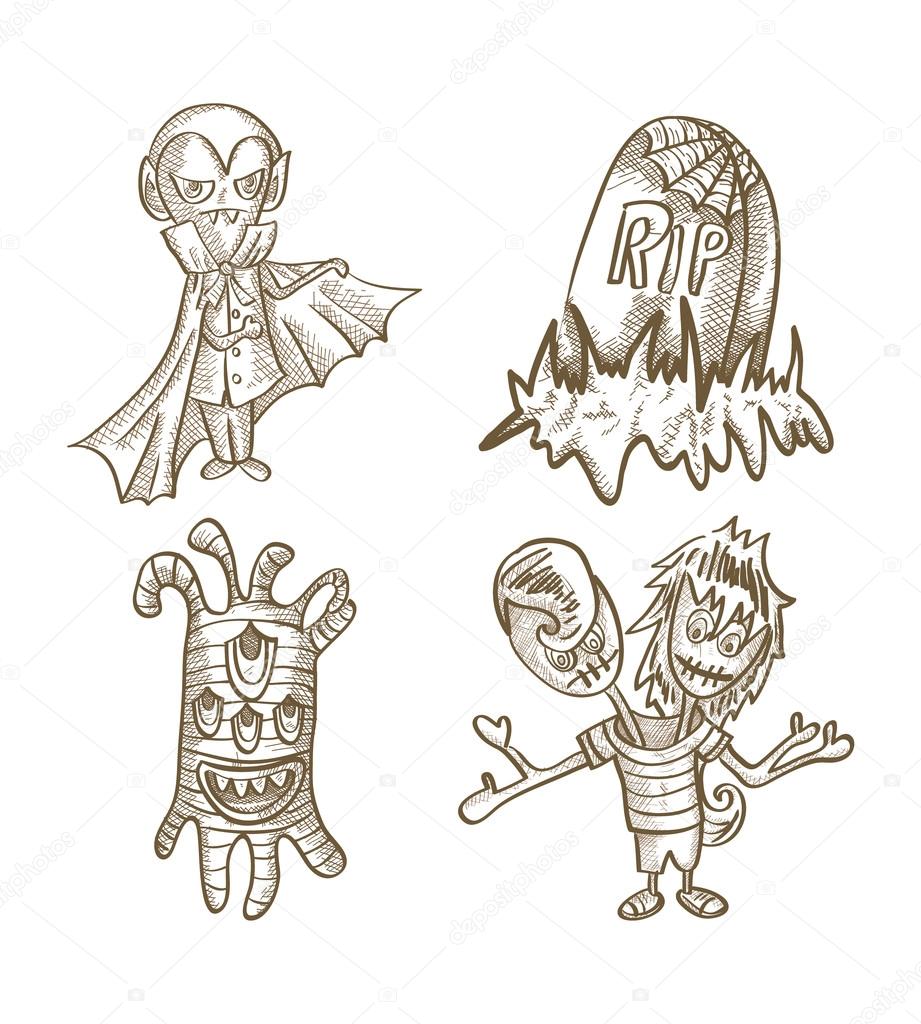 Halloween monsters isolated sketch style creatures set.