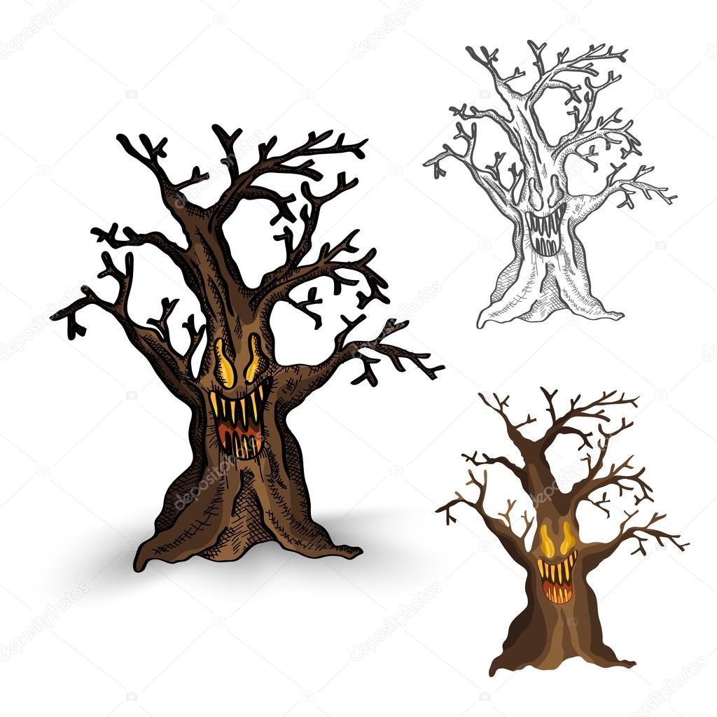 Halloween monsters isolated spooky haunted tree set.