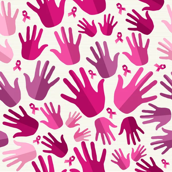 Breast cancer awareness ribbon women hands seamless pattern. — Stock Vector