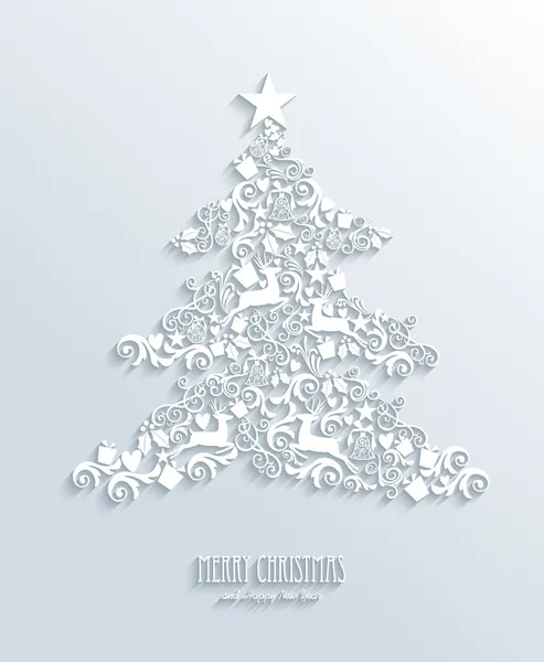 Feliz Navidad Blanca y Feliz Año Nuevo árbol tarjeta de felicitación — Vector de stock