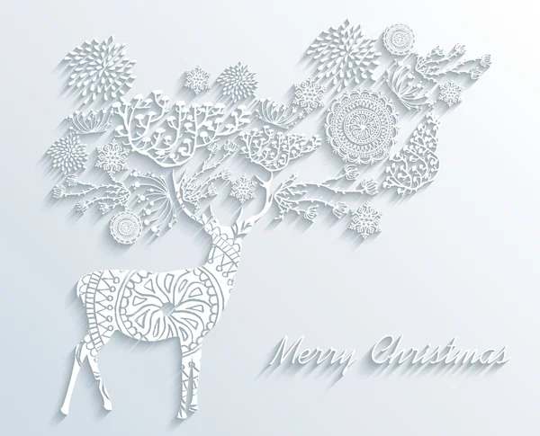 Fehér vidám karácsonyi rénszarvas, téli virágos üdvözlőlap — Stock Vector