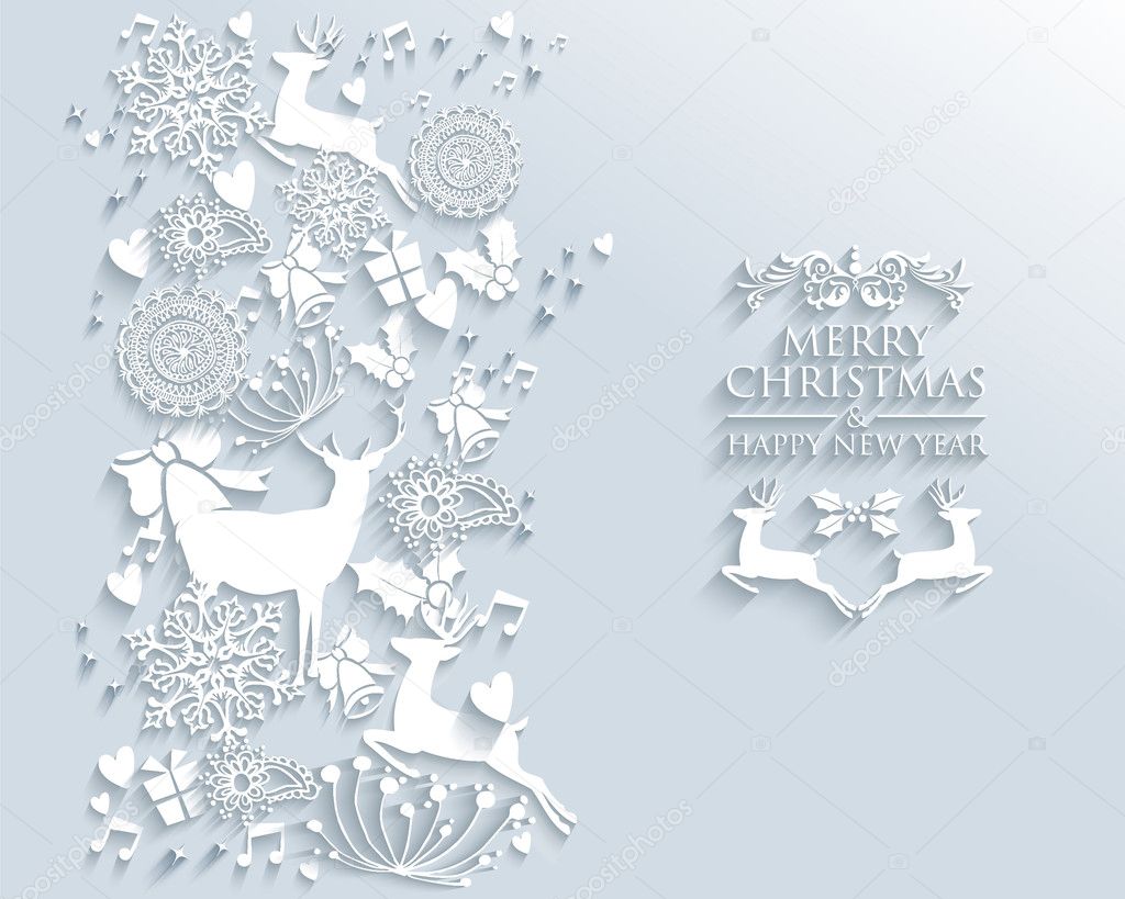 White Merry Christmas and Happy New Year winter greeting card