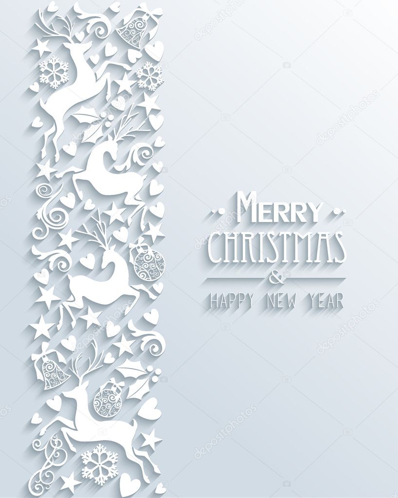 White Merry Christmas and Happy New Year greeting card