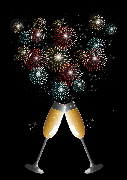 Happy new year 2014 champagne fireworks greeting card — Stock Vector
