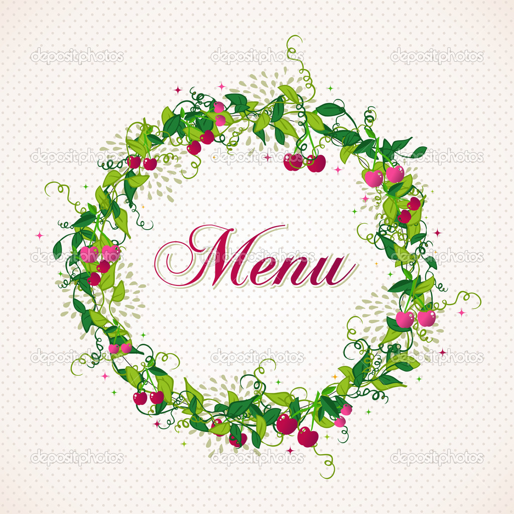 Vintage cherry plant wreath menu background