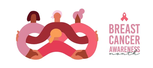 Brustkrebs Bewusstsein Monat Grußkarte Illustration Von Rosa Frauen Freundesgruppe Händchen — Stockvektor