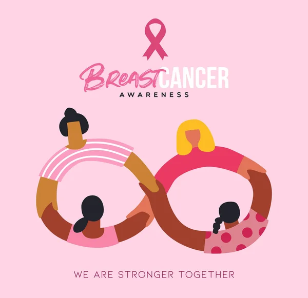 Bröstcancer Medvetenhet Månad Gratulationskort Illustration Rosa Kvinnor Vän Grupp Hålla — Stock vektor