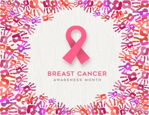 유방암 인식의 여성들 생존자들의 연대를 손으로 형태를 프린트하는 인사말 — 스톡 벡터