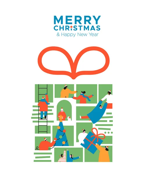 Buon Natale Felice Anno Nuovo Biglietto Auguri Illustrazione Diverse Persone — Vettoriale Stock