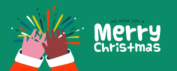 Feliz Navidad Web Banner Ilustración Diversas Personas Manos Haciendo Alta — Vector de stock