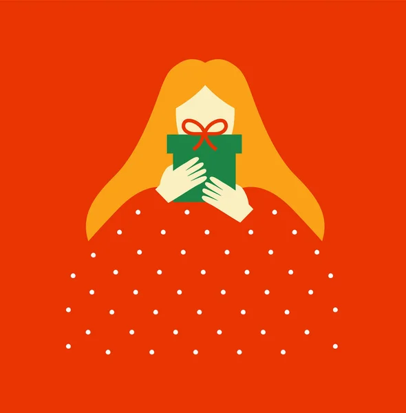 Personnage Femme Plate Moderne Tenant Cadeau Noël Dans Style Minimaliste — Image vectorielle