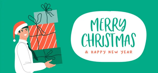 Feliz Navidad Feliz Año Nuevo Web Banner Ilustración Hombre Negocios — Vector de stock