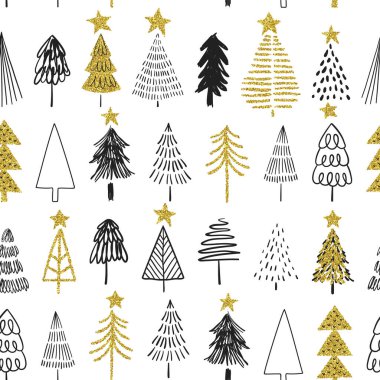 Mutlu Noeller, altın parıltılı süslemeli çam ağacı desenli lüks el çizimi. İskandinav tarzı orman karikatür geçmişi.