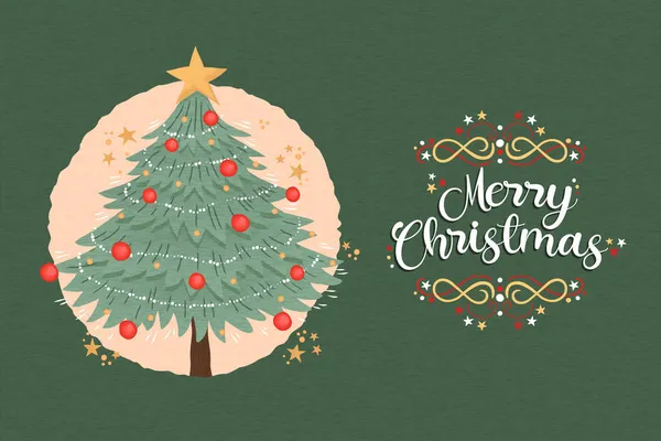 Καλά Χριστούγεννα Ευχετήρια Κάρτα Εικονογράφηση Καρτούν Πεύκου Εορταστική Διακόσμηση Χριστουγεννιάτικο — Διανυσματικό Αρχείο