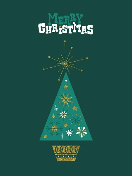 幾何学的な民俗スタイルで豪華な金の松の木のメリークリスマスグリーティングカードイラスト ゴールデングリッター雪の結晶の装飾 ホリデーパーティーの招待状やお祝いイベントのためのミッドセンチュリーデザイン — ストックベクタ