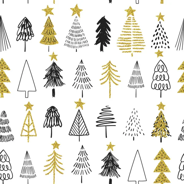 Mutlu Noeller Altın Parıltılı Süslemeli Çam Ağacı Desenli Lüks Çizimi — Stok Vektör