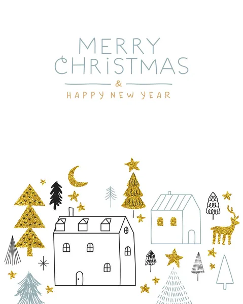 Vrolijk Kerstfeest Gelukkig Nieuwjaar Wenskaart Illustratie Van Gouden Glitter Dennenboom — Stockvector