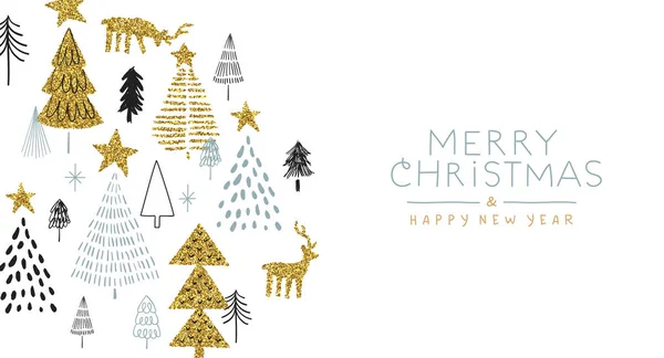 メリークリスマス新年の豪華な金のグリーティングカード ゴールデンキラキラ冬の装飾 パーティーの招待状やクリスマスシーズンの願いのためのかわいいスカンディナヴィアの漫画のドアのデザイン — ストックベクタ